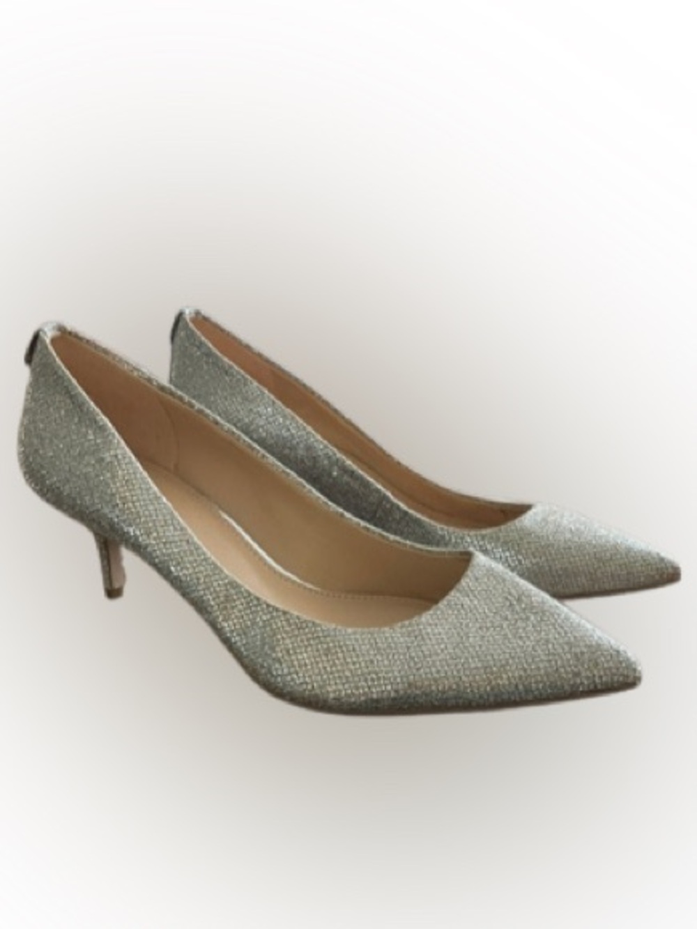 Micheal Micheal Kors Glitter Silver Pointed Toe Tall Kitten Heels 6.5M